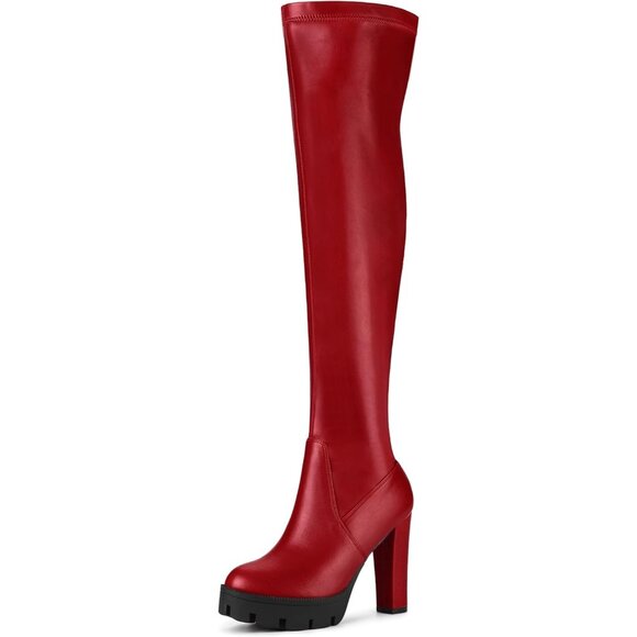 Women's Red Platform Boots Chunky Heel Over Knee High Rounded Toe Long Boots - Picture 1 of 6
